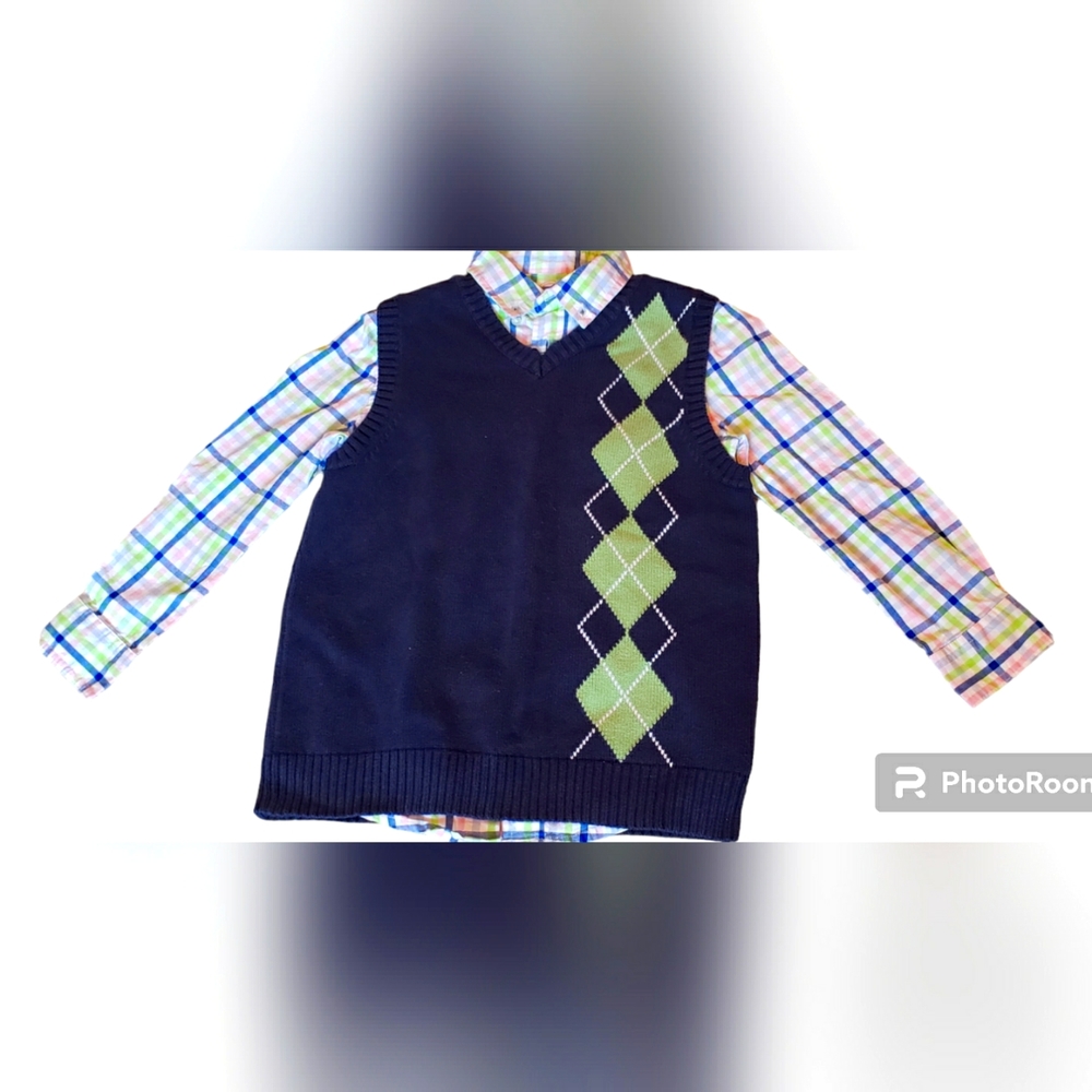Size 6/7 long sleeved spring colored boys shirt with vest